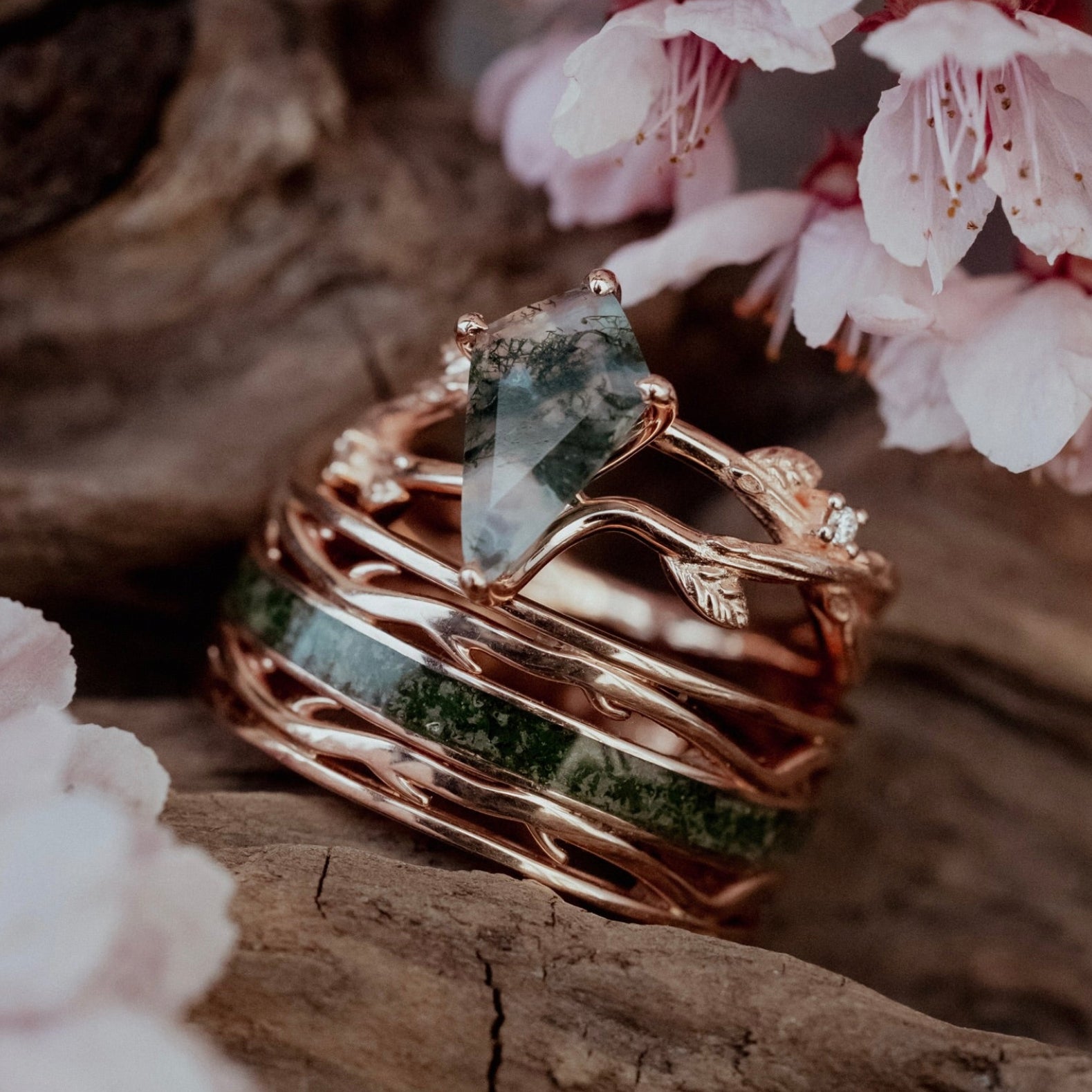 Artemis On The Vine & Men's Artemis - Matching Set Of Moss Agate & Moss Ring-Staghead Designs