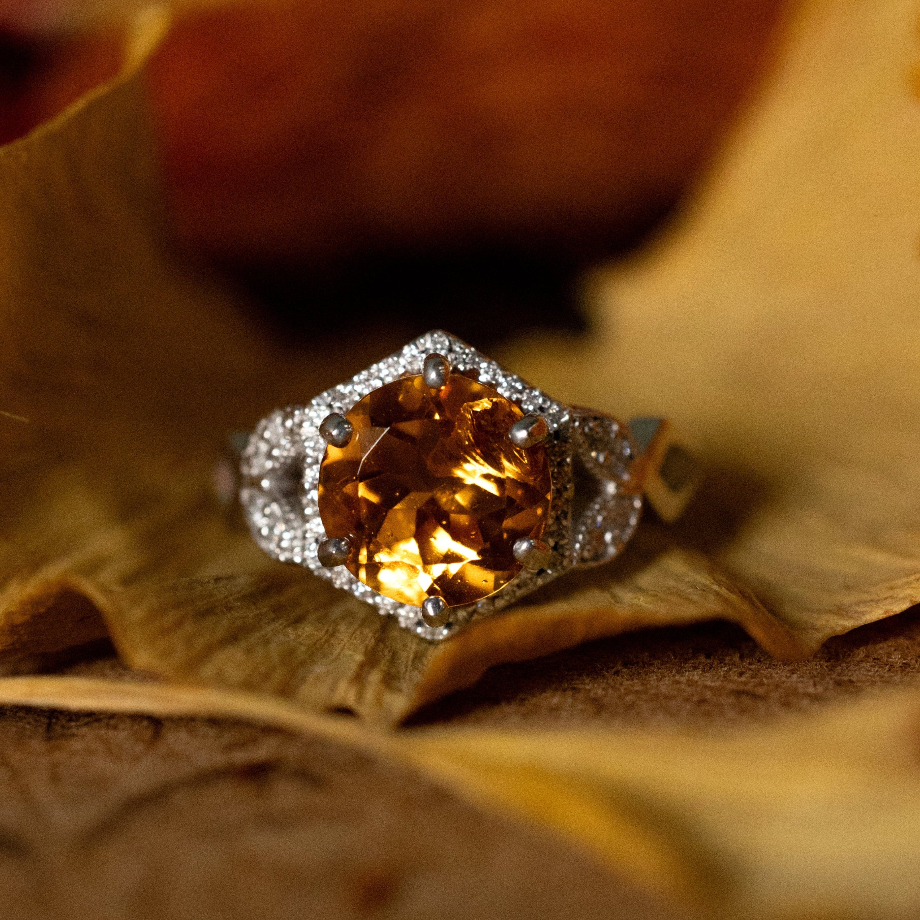 "Lucy In The Sky" - Round Cut Citrine Engagement Ring With Diamond Accents & Fire And Ice Opal Inlays - 14K White Gold - Size 4 1/2-Staghead Designs
