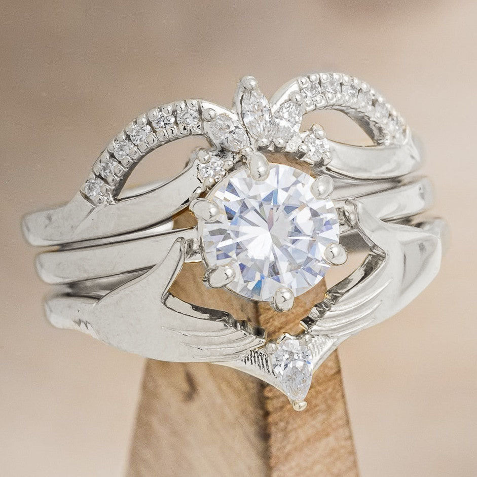 CLADDAGH BRIDAL SUITE - ROUND CUT SOLITAIRE ENGAGEMENT RING WITH DIAMOND ACCENT TRACER & CLADDAGH TRACER-Staghead Designs