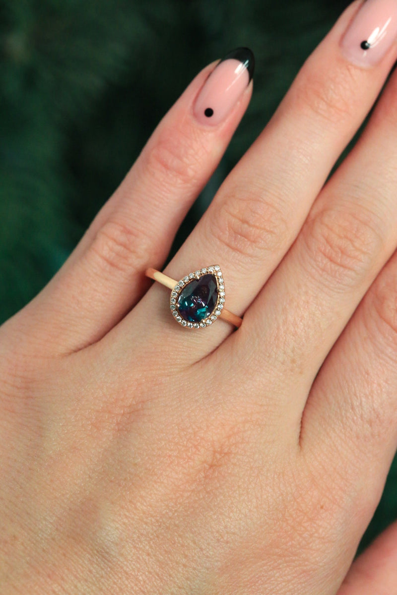 "CLARISS" - PEAR SHAPED LAB-GROWN ALEXANDRITE ENGAGEMENT RING WITH DIAMOND HALO & ANTLER TRACER-23