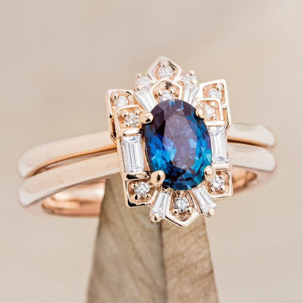 "CLEOPATRA" - OVAL CUT ENGAGEMENT RING WITH DIAMOND HALO & TRACER-Staghead Designs