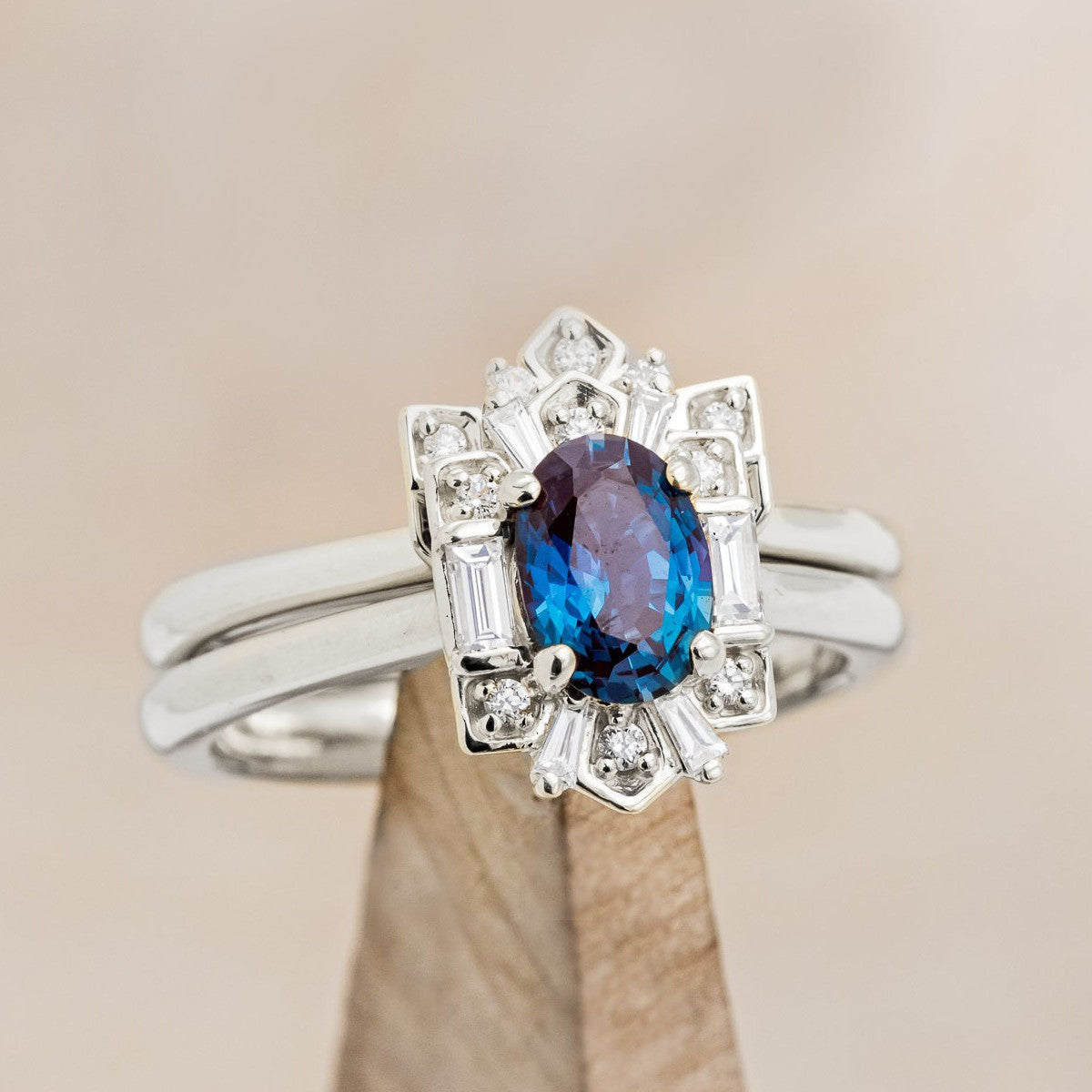 "CLEOPATRA" - OVAL CUT ENGAGEMENT RING WITH DIAMOND HALO & TRACER-Staghead Designs