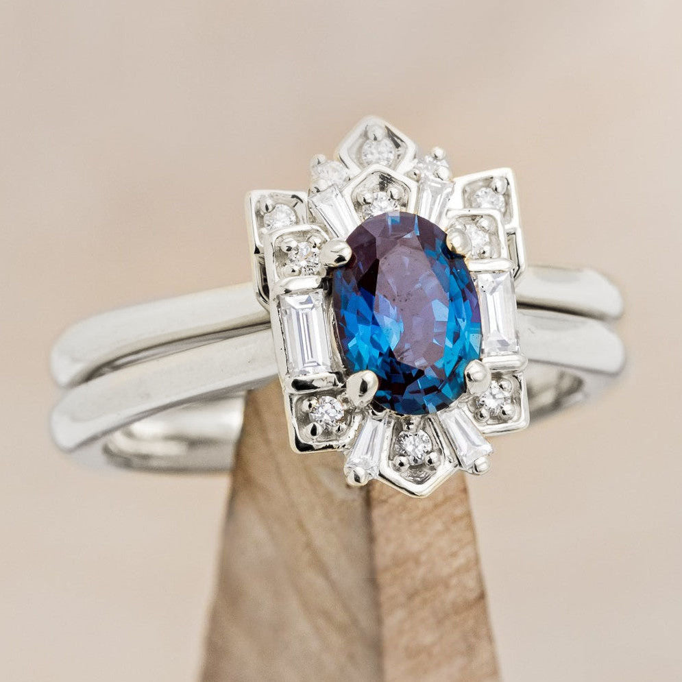 "CLEOPATRA" - OVAL CUT ENGAGEMENT RING WITH DIAMOND HALO & TRACER-Staghead Designs