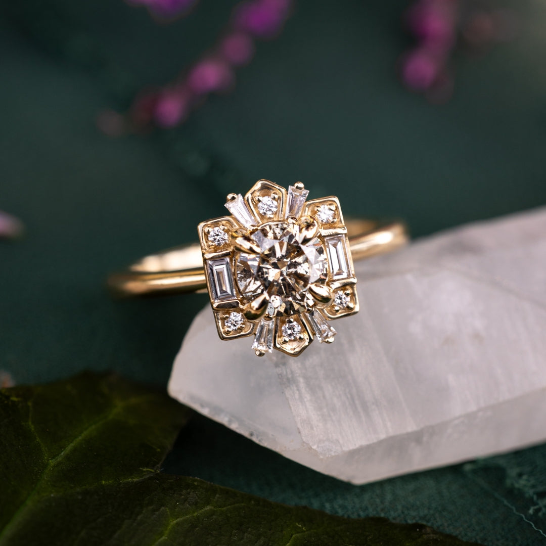 ONE-OF-A-KIND - "CLEOPATRA" - ROUND CUT CHAMPAGNE DIAMOND ENGAGEMENT RING WITH DIAMOND ACCENTS-Staghead Designs