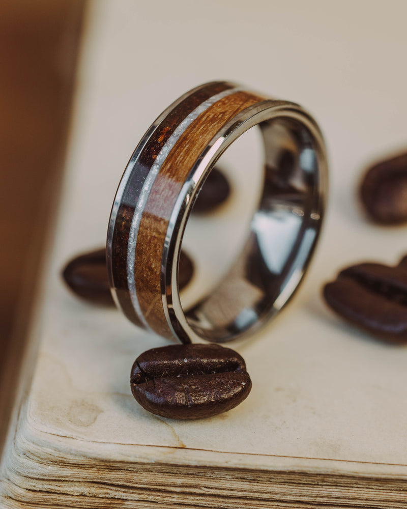 "RAINIER" - DIAMOND DUST, WHISKEY BARREL & COFFEE INLAY WEDDING BAND-Staghead Designs