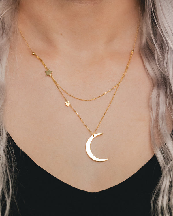 CRESCENT MOON WITH STAR STATIONS NECKLACE IN 14K YELLOW GOLD-4