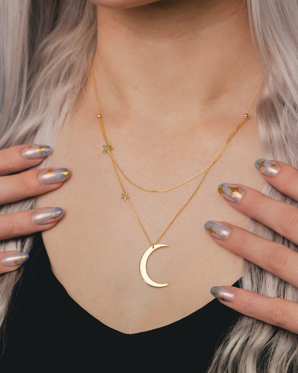 CRESCENT MOON WITH STAR STATIONS NECKLACE IN 14K YELLOW GOLD-5