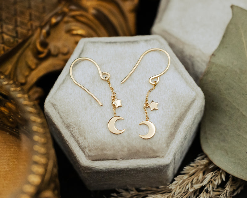 CRESCENT MOON & STAR DROP THREADER EARRINGS IN 14K YELLOW GOLD-2