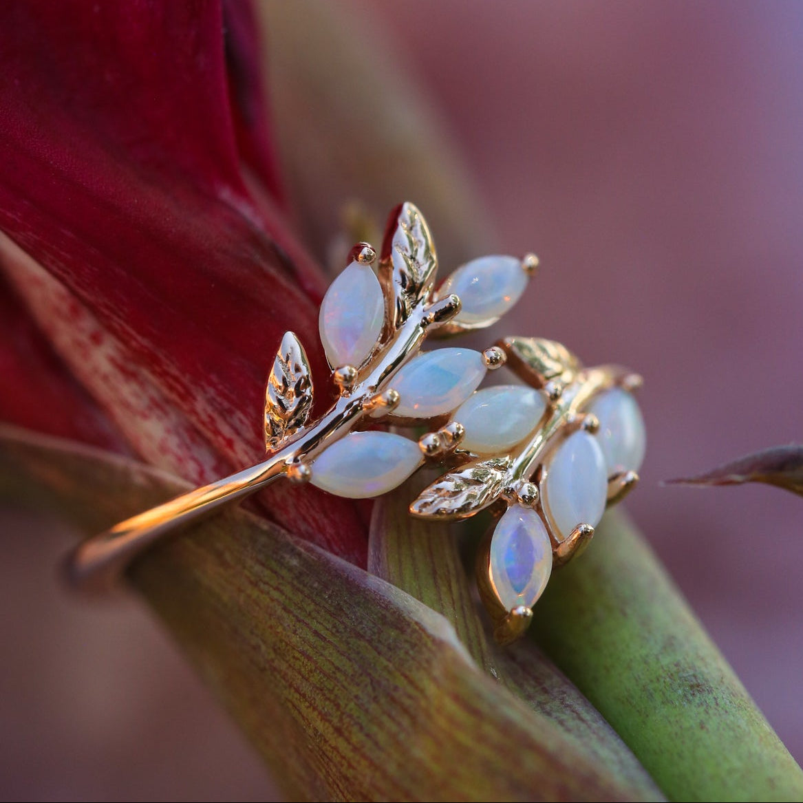 "DOVE" - VINE STYLE RING WITH MARQUISE CABOCHON CUT OPAL ACCENTS-Staghead Designs