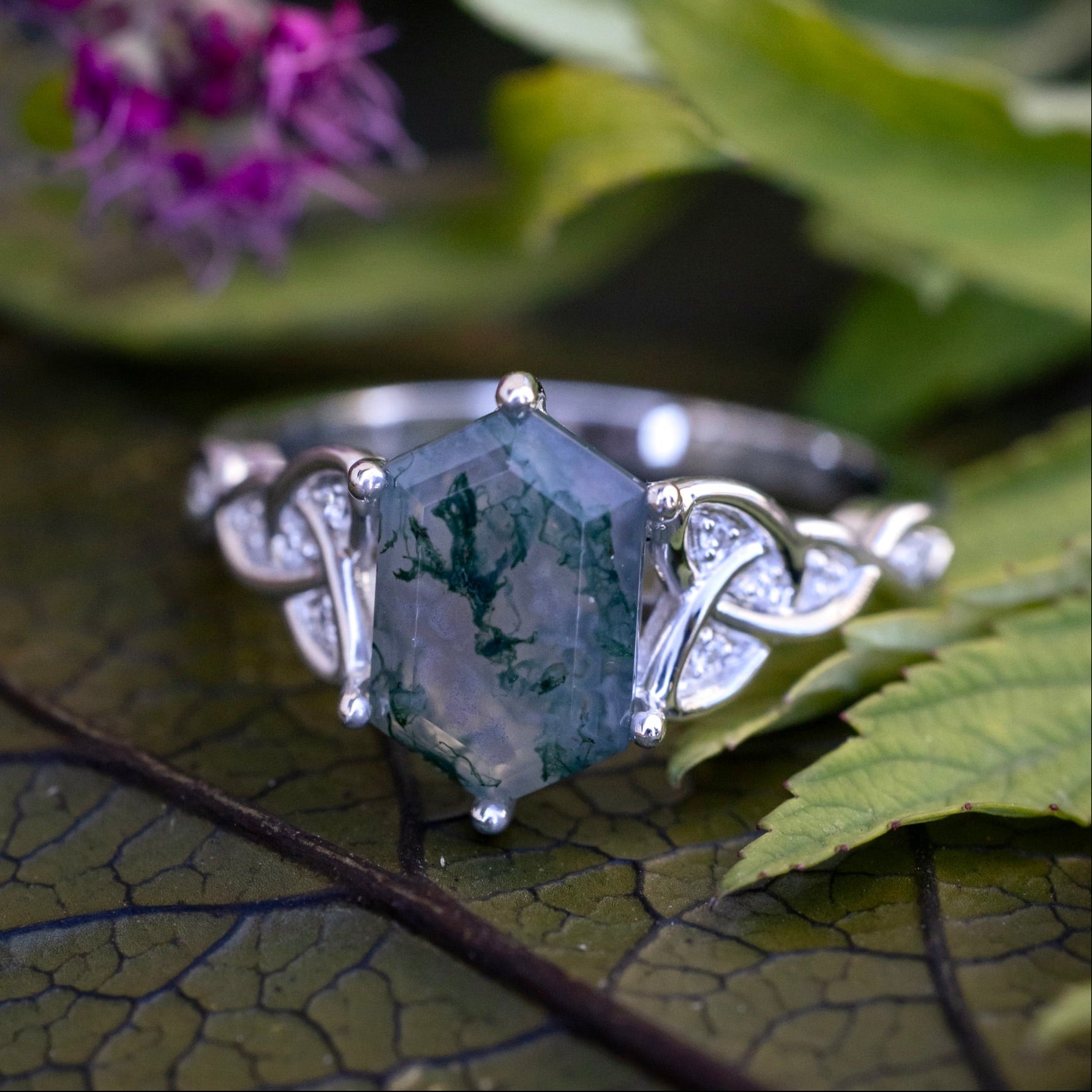 "Aife" - Celtic Knot Engagement Ring With Elongated Hexagon Cut Moss Agate & Diamond Accents-Staghead Designs