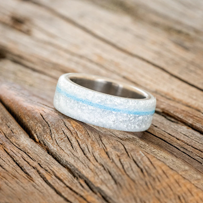 "REMMY" - DIAMOND DUST & TURQUOISE WEDDING BAND - TITANIUM - SIZE 9-3