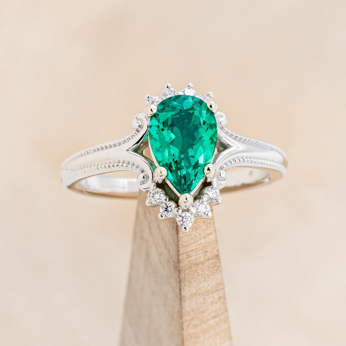 "DESTINY" - PEAR-SHAPED LAB-GROWN EMERALD ENGAGEMENT RING WITH DIAMOND ACCENTS-1