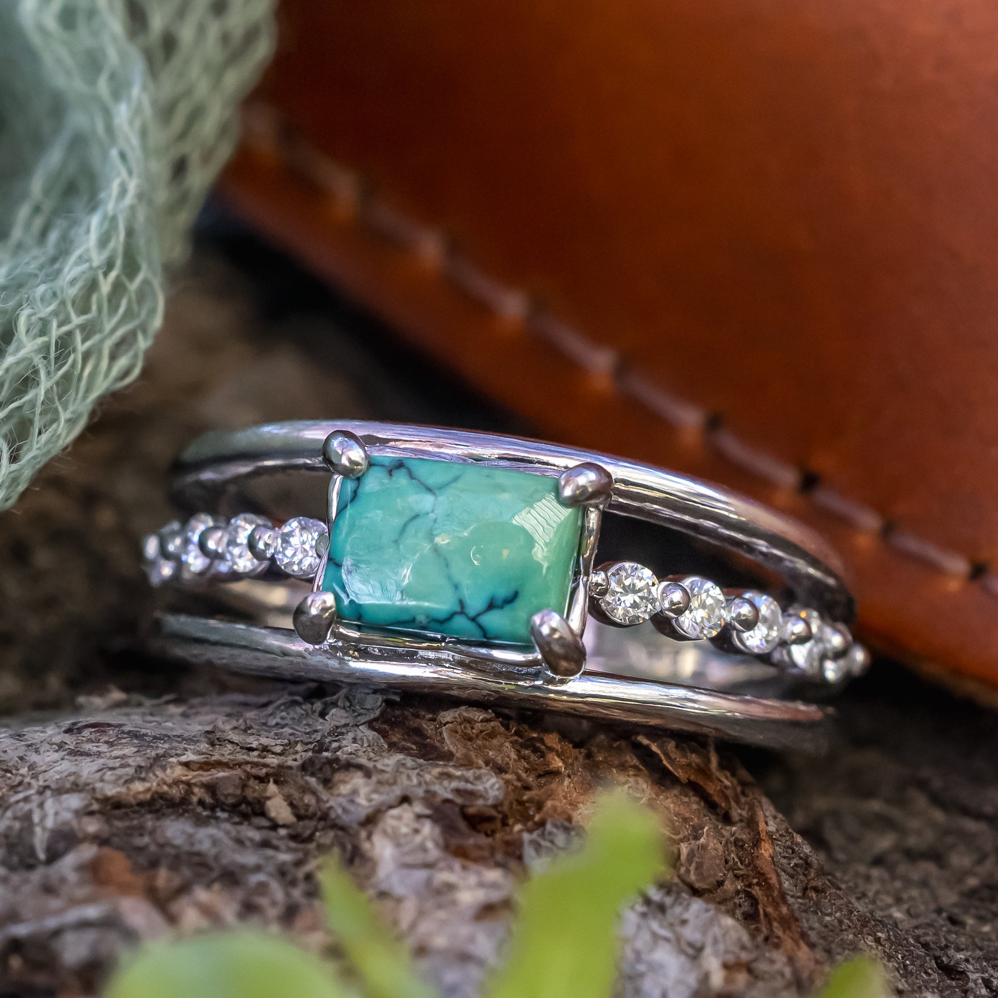 "DOLLY" - EMERALD CABOCHON CUT TURQUOISE ENGAGEMENT RING WITH DIAMOND ACCENTS-Staghead Designs