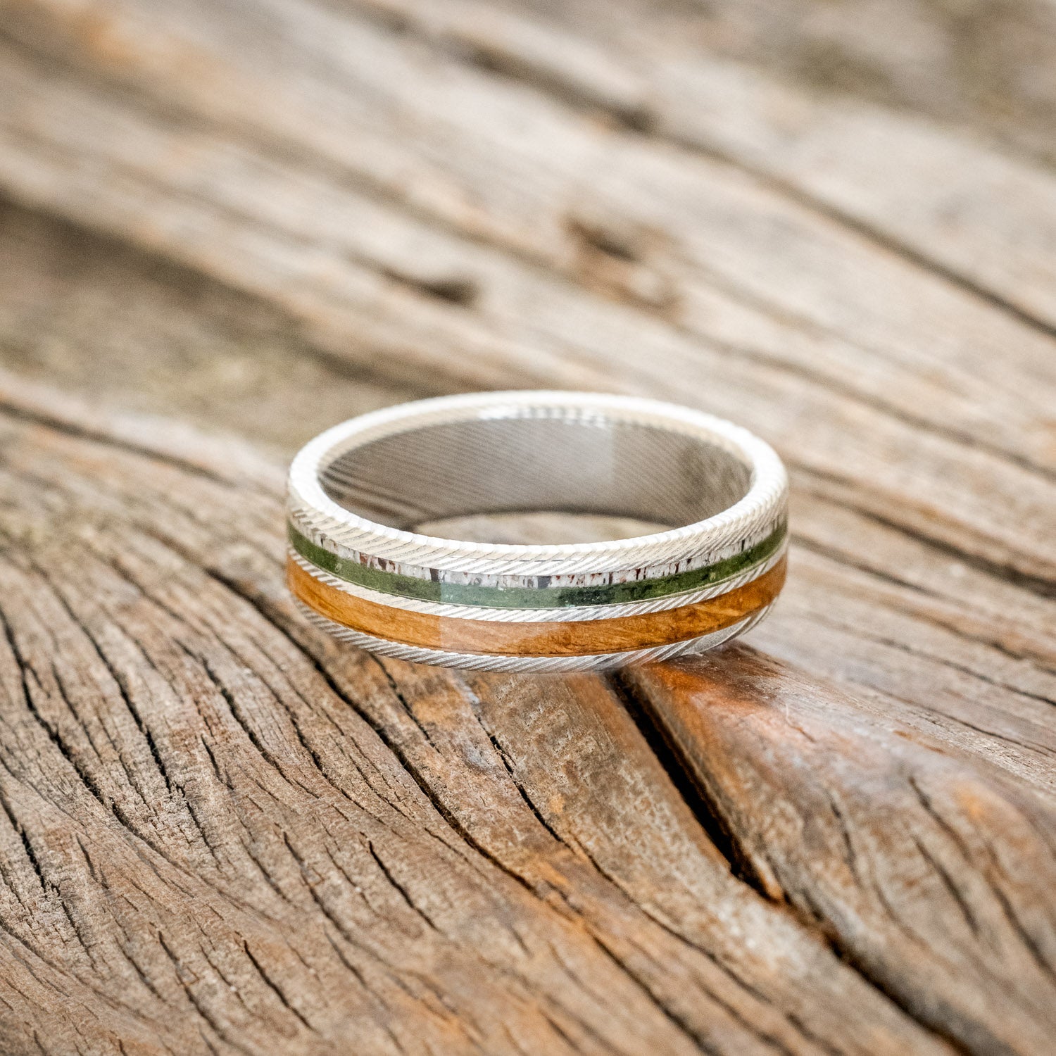 "DYAD" - MOSS, ANTLER & WHISKEY BARREL OAK WEDDING BAND-3
