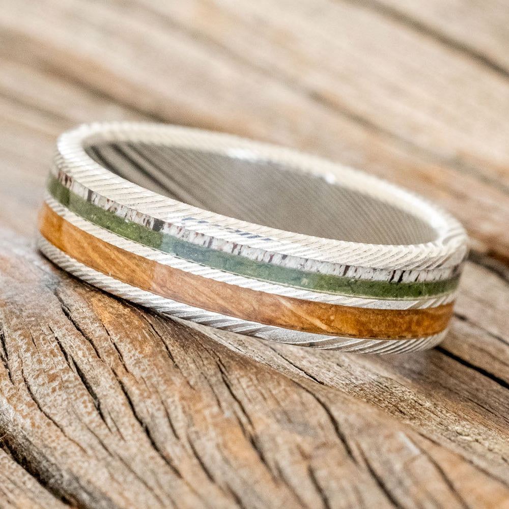 "Dyad" - Moss, Antler & Whiskey Barrel Oak Wedding Band-Staghead Designs