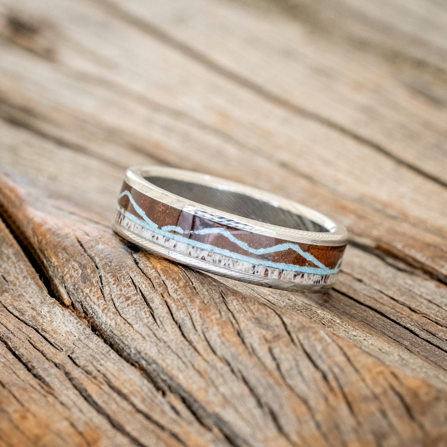 "THE EXPEDITION" - MOUNTAIN ENGRAVED WEDDING RING WITH REDWOOD, TURQUOISE & ANTLER-5