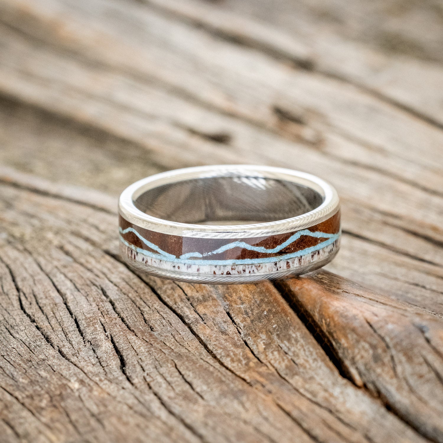 "THE EXPEDITION" - MOUNTAIN ENGRAVED WEDDING RING WITH REDWOOD, TURQUOISE & ANTLER-6