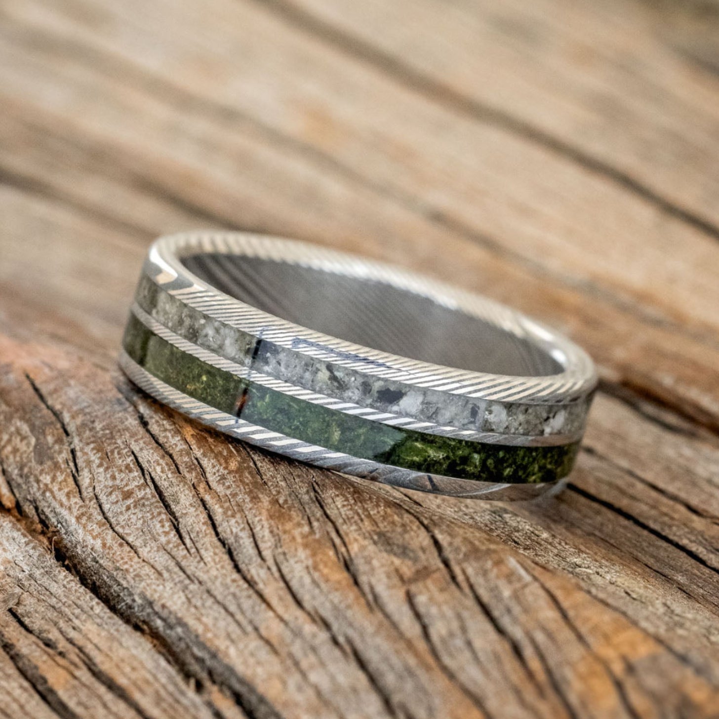 "RAPTOR" - MOSS WITH MOLDAVITE & MOONSTONE MIX WEDDING BAND-8