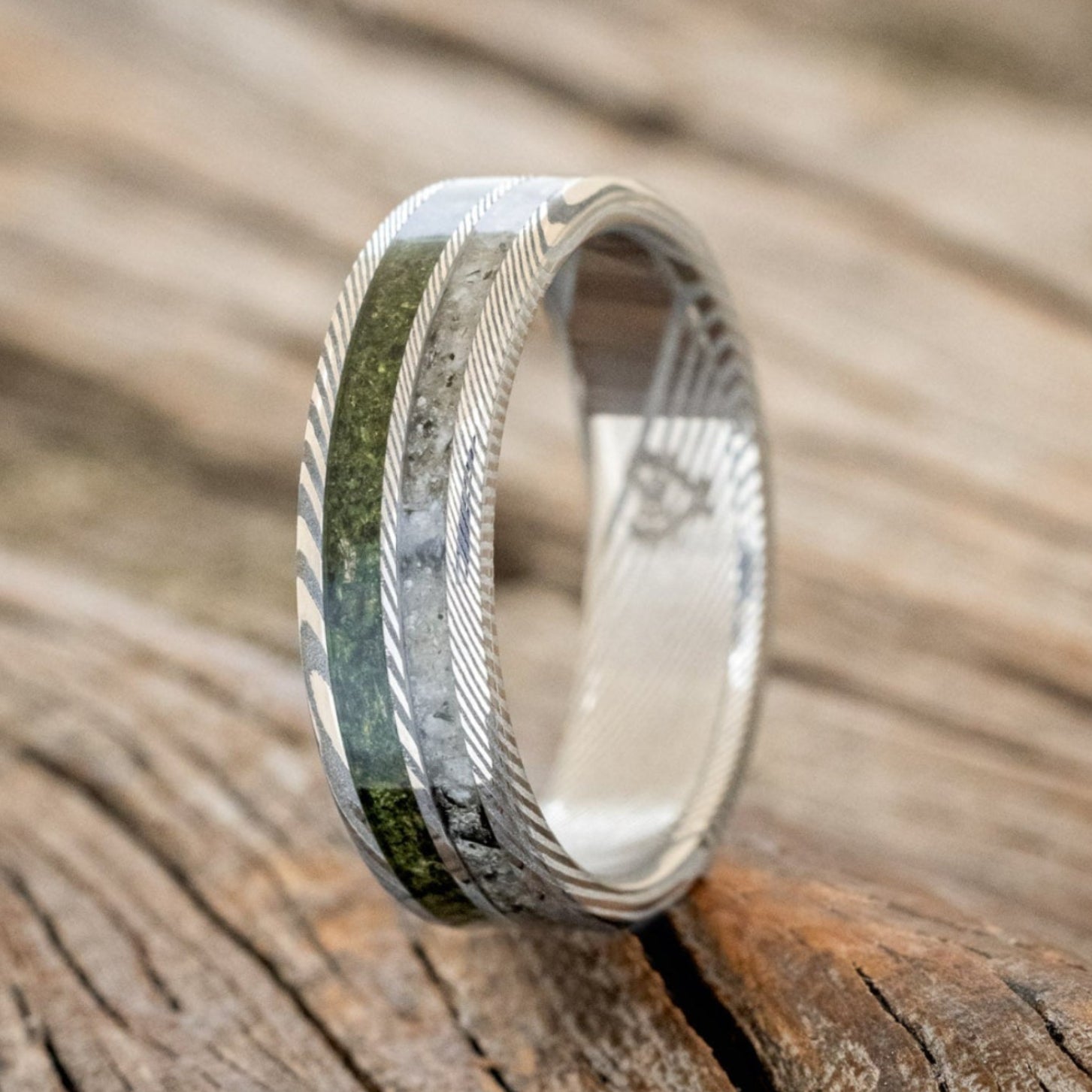 "RAPTOR" - MOSS WITH MOLDAVITE & MOONSTONE MIX WEDDING BAND-7