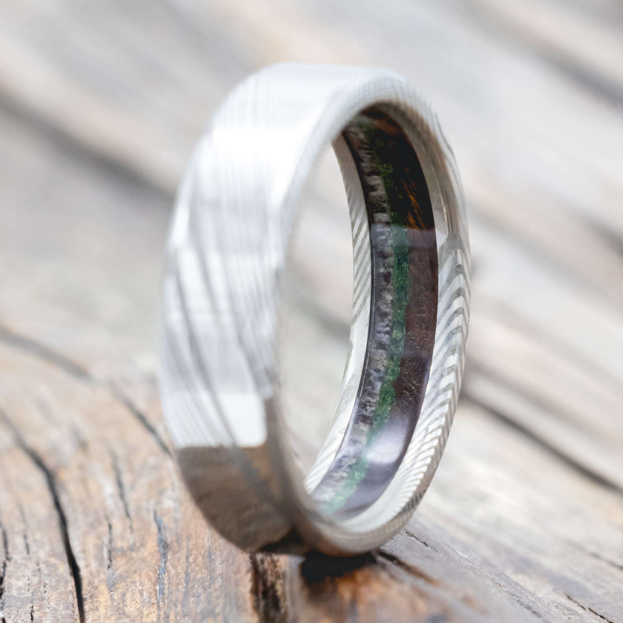 "ARGOS" - ANTLER, IRONWOOD & MOSS LINED WEDDING BAND-Staghead Designs