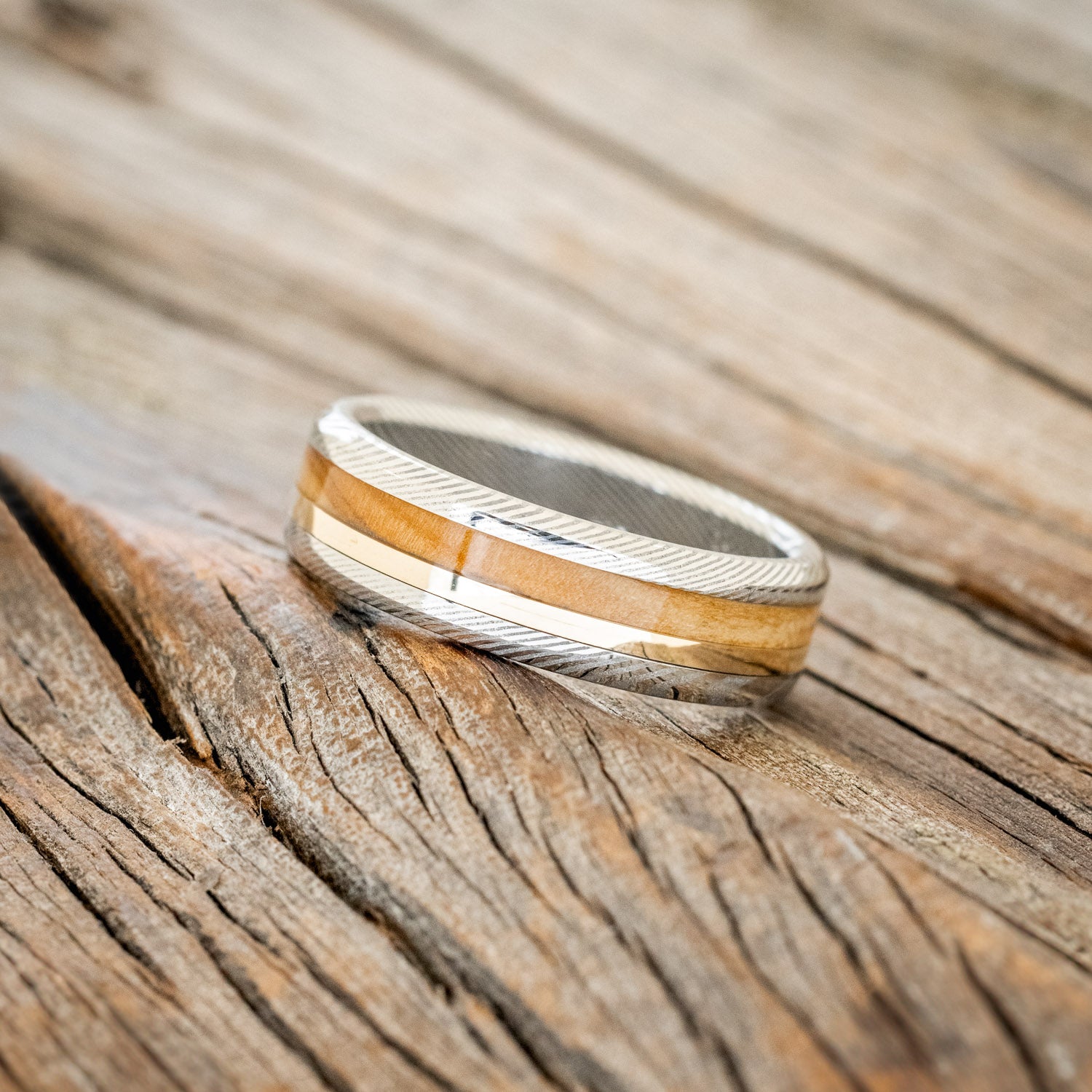 "ASHER" - BETHLEHEM OLIVE WOOD & A 14K YELLOW GOLD INLAY WEDDING RING-2