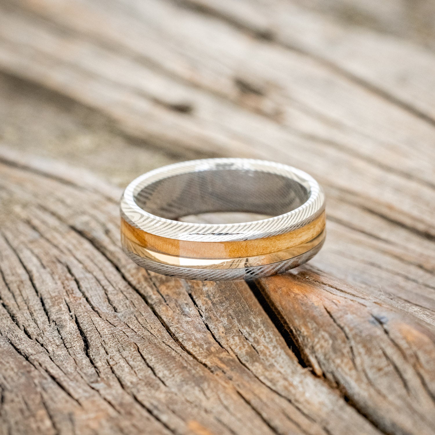 "ASHER" - BETHLEHEM OLIVE WOOD & A 14K YELLOW GOLD INLAY WEDDING RING-3