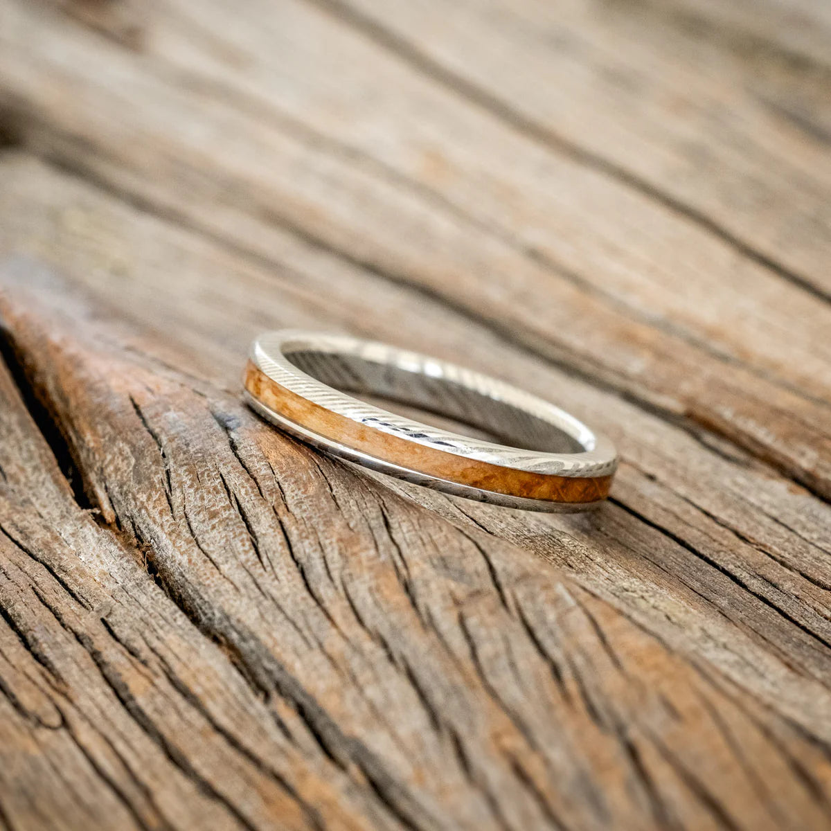 "ETERNA" - WHISKEY BARREL OAK STACKING BAND - DAMASCUS STEEL - SIZE 7-Staghead Designs