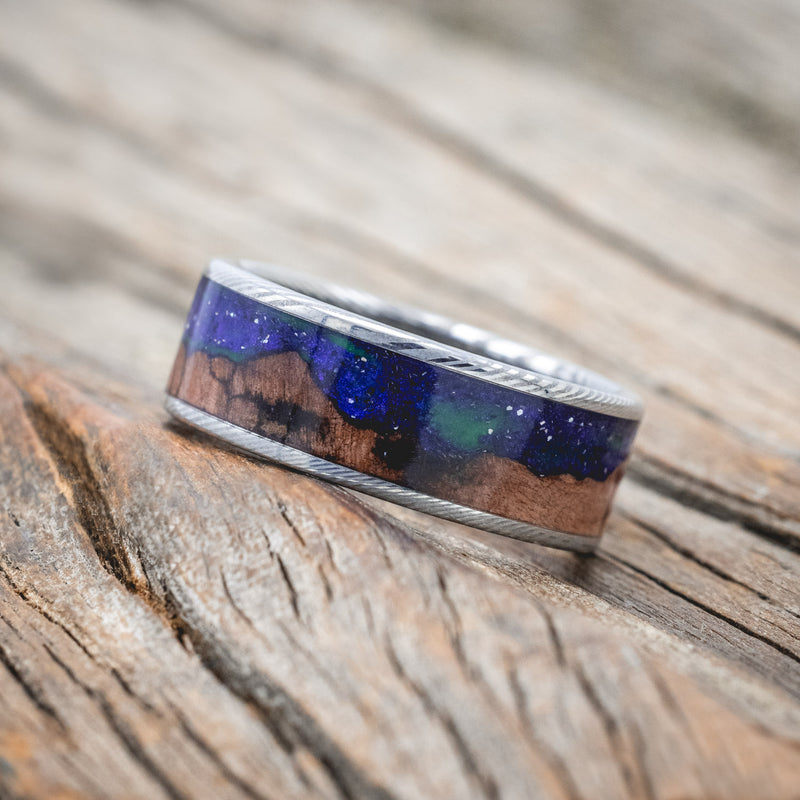 "BOREALIS" - MOUNTAIN ENGRAVED WEDDING RING WITH REDWOOD & GLOW IN THE DARK NORTHERN LIGHTS-Staghead Designs