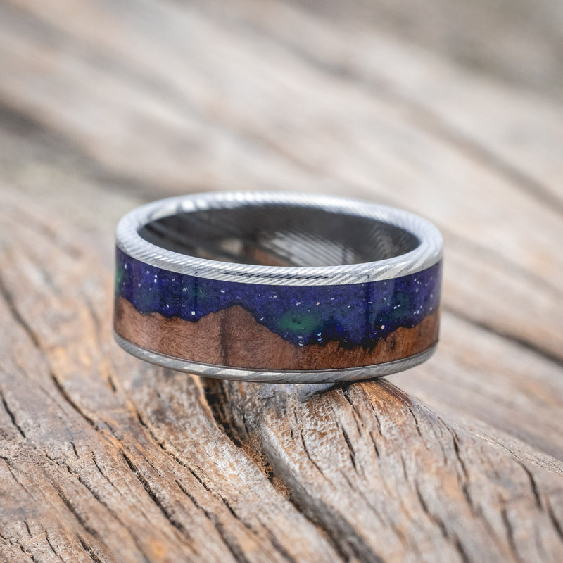 "BOREALIS" - MOUNTAIN ENGRAVED WEDDING RING WITH REDWOOD & GLOW IN THE DARK NORTHERN LIGHTS-Staghead Designs