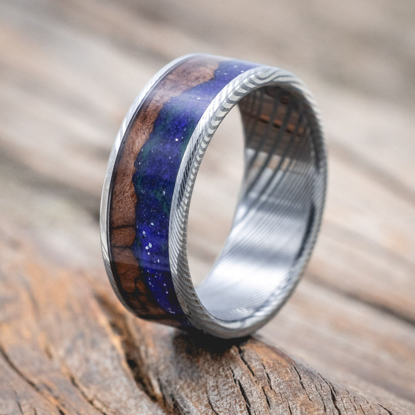 "BOREALIS" - MOUNTAIN ENGRAVED WEDDING RING WITH REDWOOD & GLOW IN THE DARK NORTHERN LIGHTS-Staghead Designs