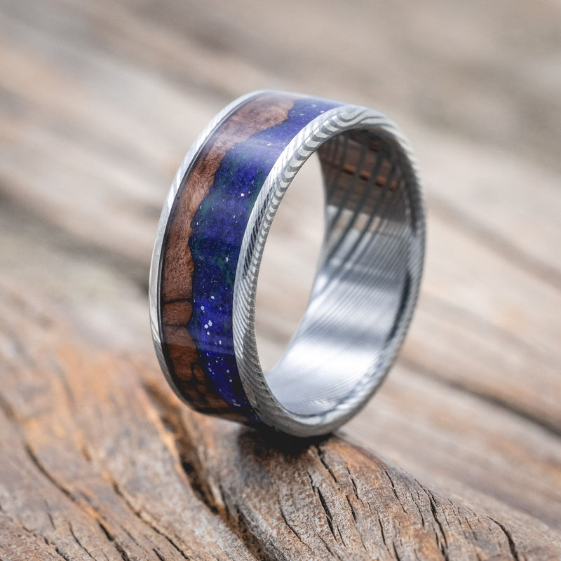 "BOREALIS" - MOUNTAIN ENGRAVED WEDDING RING WITH REDWOOD & GLOW IN THE DARK NORTHERN LIGHTS-Staghead Designs