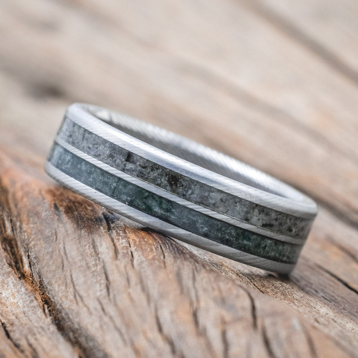 "DYAD" - MOSS AGATE & MOONSTONE WEDDING BAND-Staghead Designs