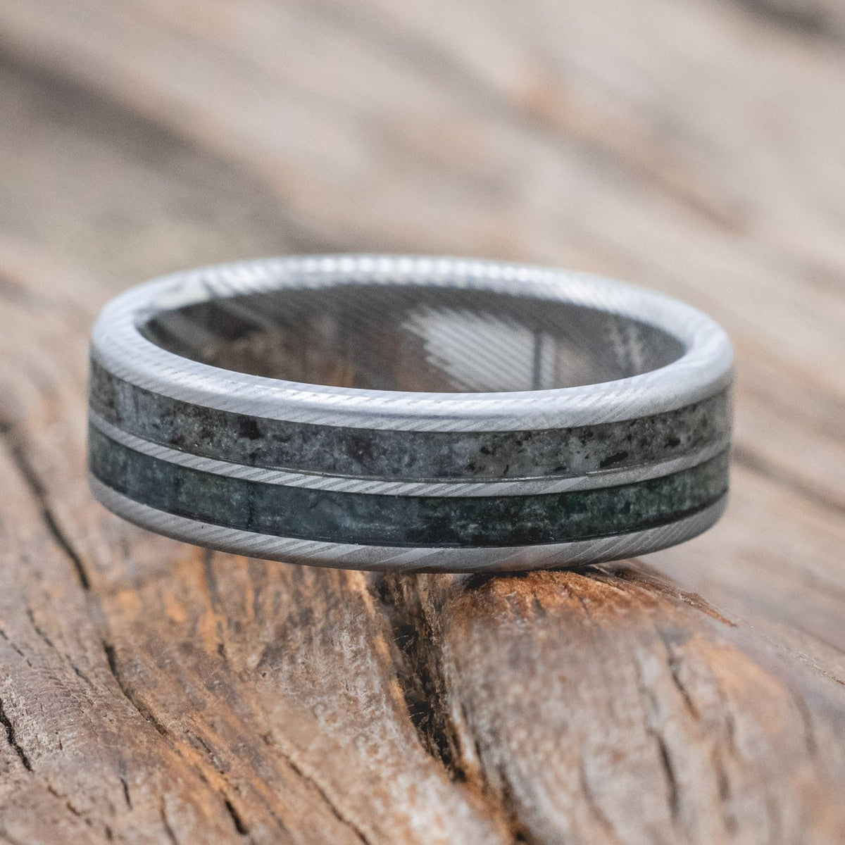 "DYAD" - MOSS AGATE & MOONSTONE WEDDING BAND-Staghead Designs