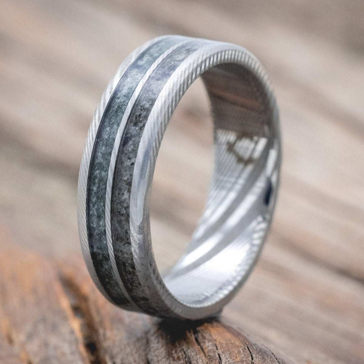 "DYAD" - MOSS AGATE & MOONSTONE WEDDING BAND-Staghead Designs