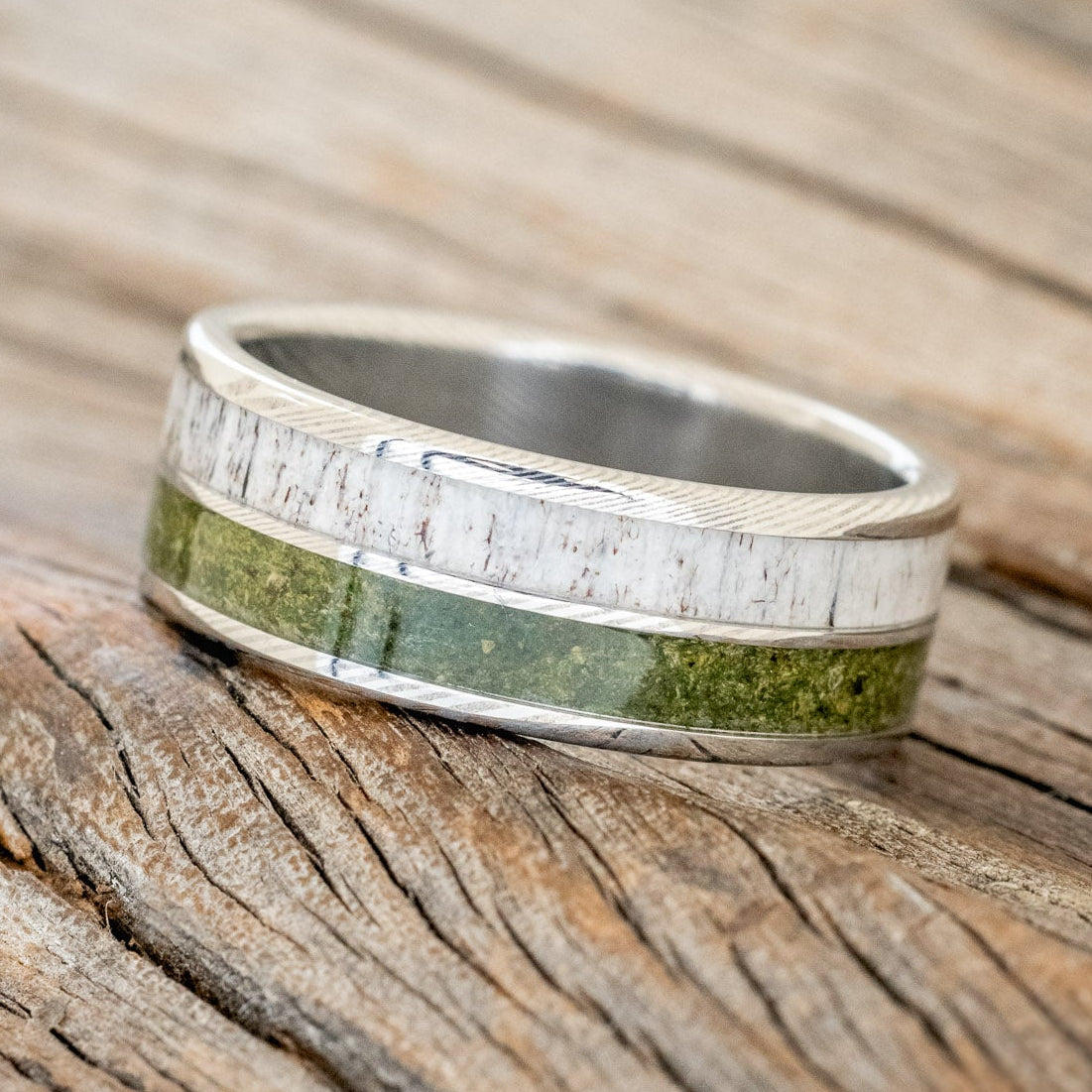 MATCHING SET OF "ZELLA" MOSS AGATE & "DYAD" MOSS & ANTLER INLAY WEDDING RINGS-14