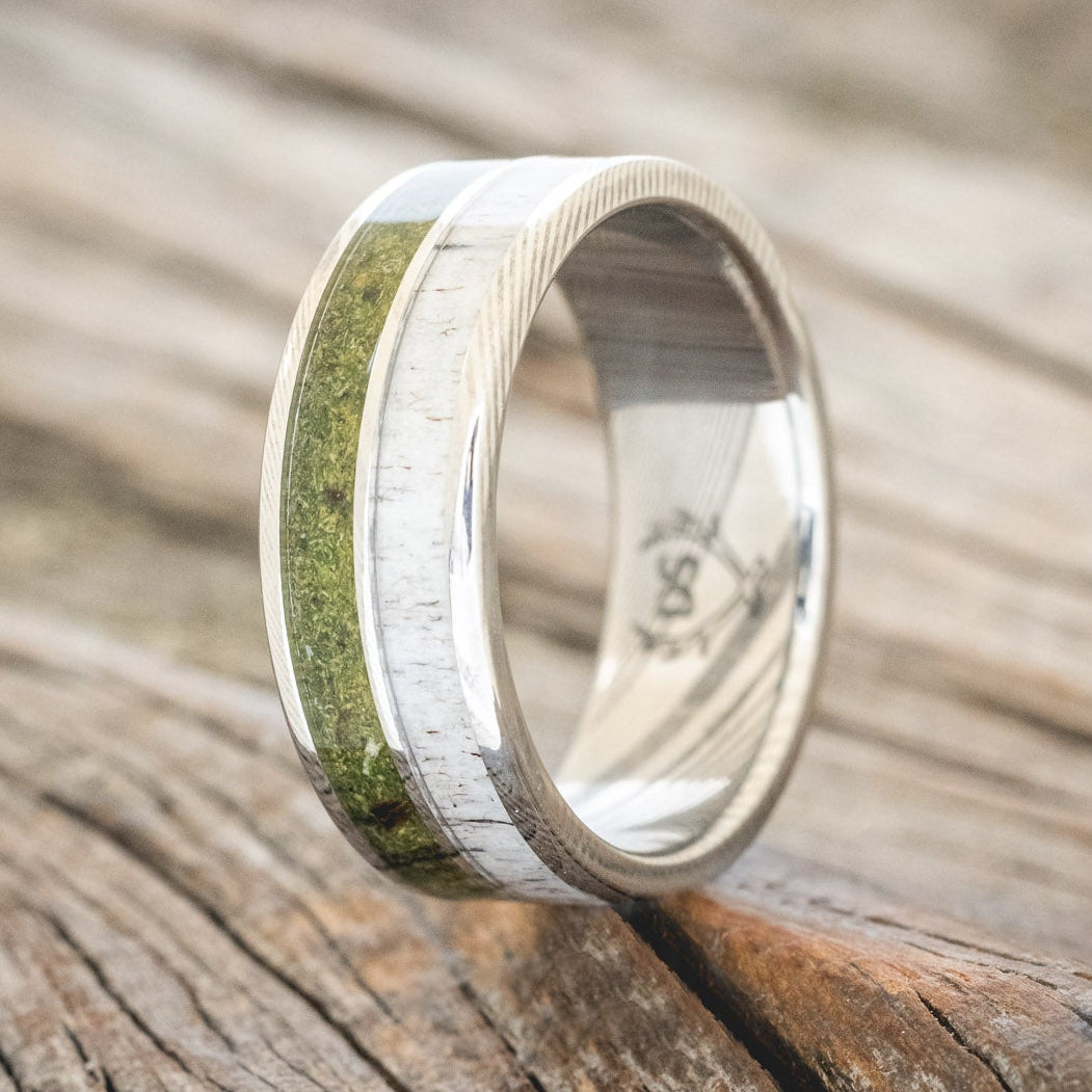 MATCHING SET OF "ZELLA" MOSS AGATE & "DYAD" MOSS & ANTLER INLAY WEDDING RINGS-13