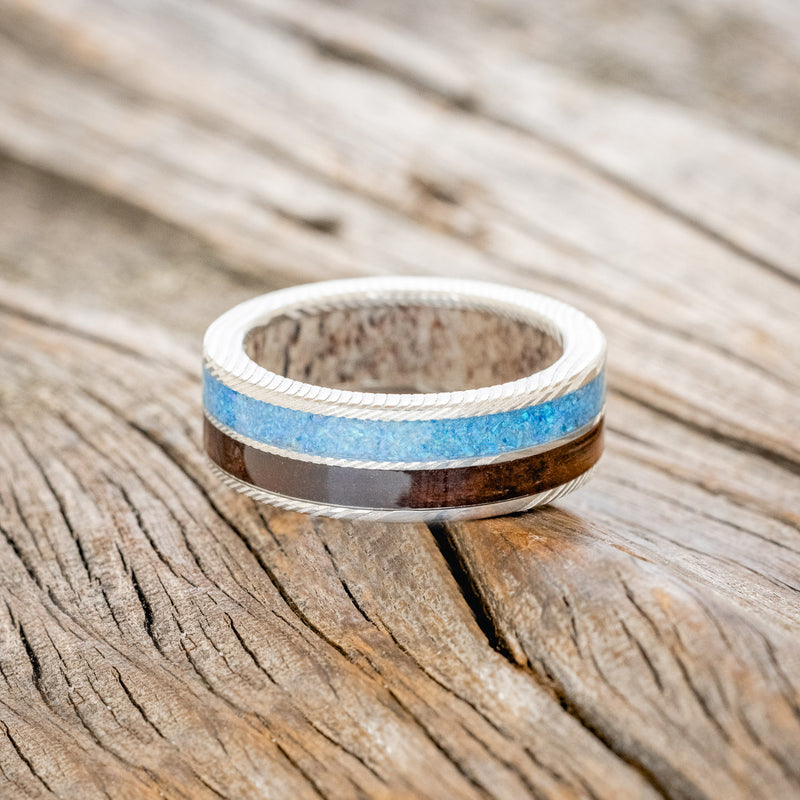 "DYAD" - KOA WOOD & BLUE OPAL WEDDING RING FEATURING AN ANTLER LINED BAND-3