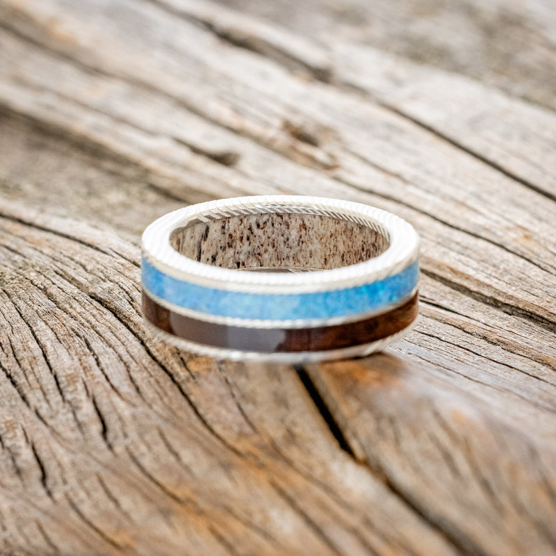 "DYAD" - KOA WOOD & BLUE OPAL WEDDING RING FEATURING AN ANTLER LINED BAND-6