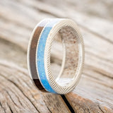 "DYAD" - KOA WOOD & BLUE OPAL WEDDING RING FEATURING AN ANTLER LINED BAND-1