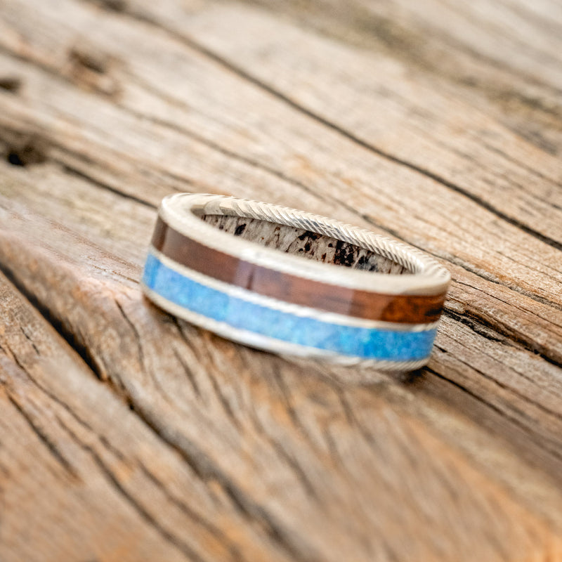 "DYAD" - WALNUT WOOD & BLUE OPAL WEDDING RING FEATURING AN ANTLER LINED BAND-5