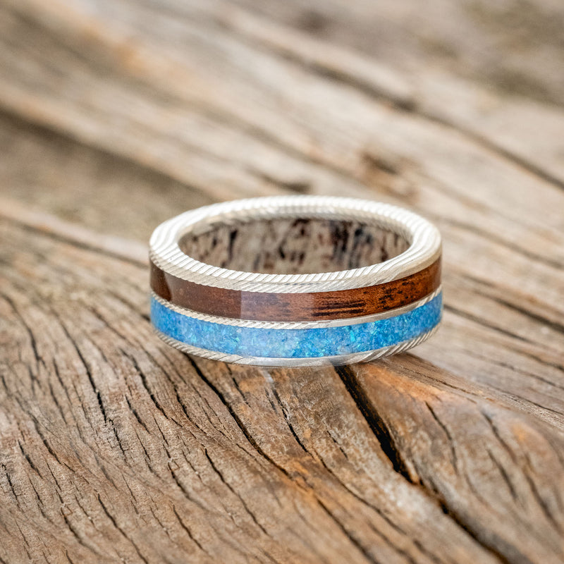 "DYAD" - WALNUT WOOD & BLUE OPAL WEDDING RING FEATURING AN ANTLER LINED BAND-3