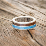 "DYAD" - WALNUT WOOD & BLUE OPAL WEDDING RING FEATURING AN ANTLER LINED BAND-6