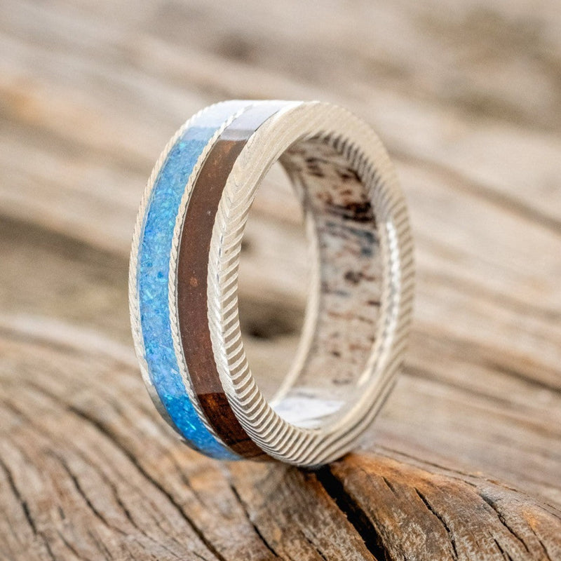 "DYAD" - WALNUT WOOD & BLUE OPAL WEDDING RING FEATURING AN ANTLER LINED BAND-1