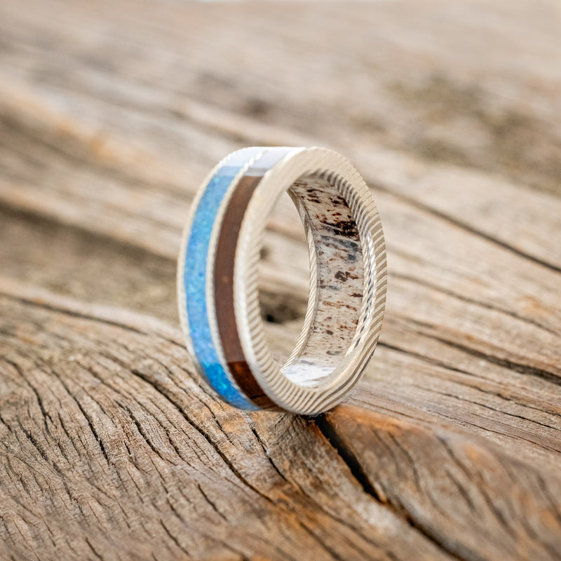 "DYAD" - WALNUT WOOD & BLUE OPAL WEDDING RING FEATURING AN ANTLER LINED BAND-4