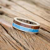 "DYAD" - WALNUT WOOD & BLUE OPAL WEDDING RING FEATURING AN ANTLER LINED BAND-2