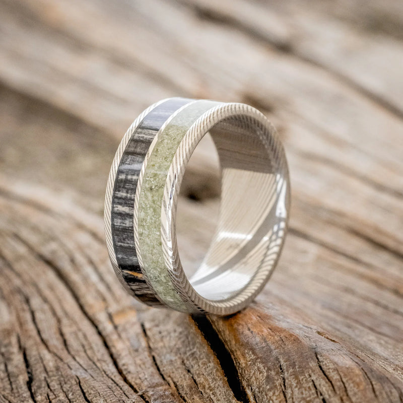 "DYAD" - GREY BIRCH WOOD & MOLDAVITE WEDDING BAND - DAMASCUS STEEL - SIZE 7 1/2-1