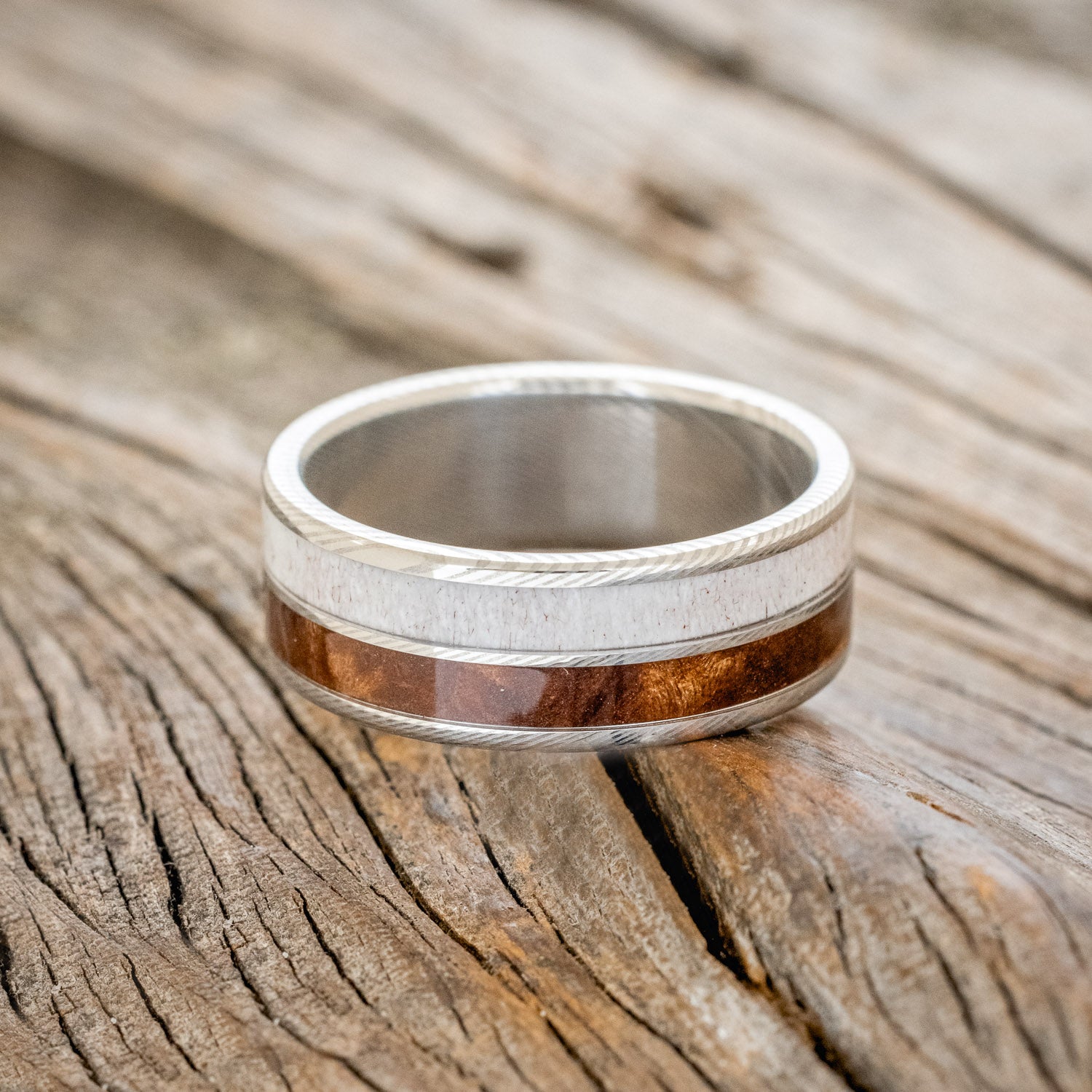 "DYAD" - MATCHING SET OF ANTLER & REDWOOD WEDDING BANDS-11