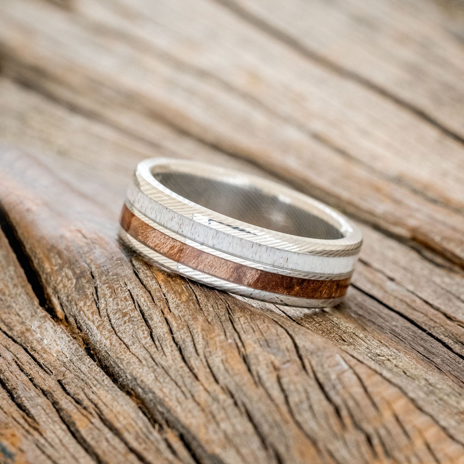 "DYAD" - MATCHING SET OF ANTLER & REDWOOD WEDDING BANDS-13