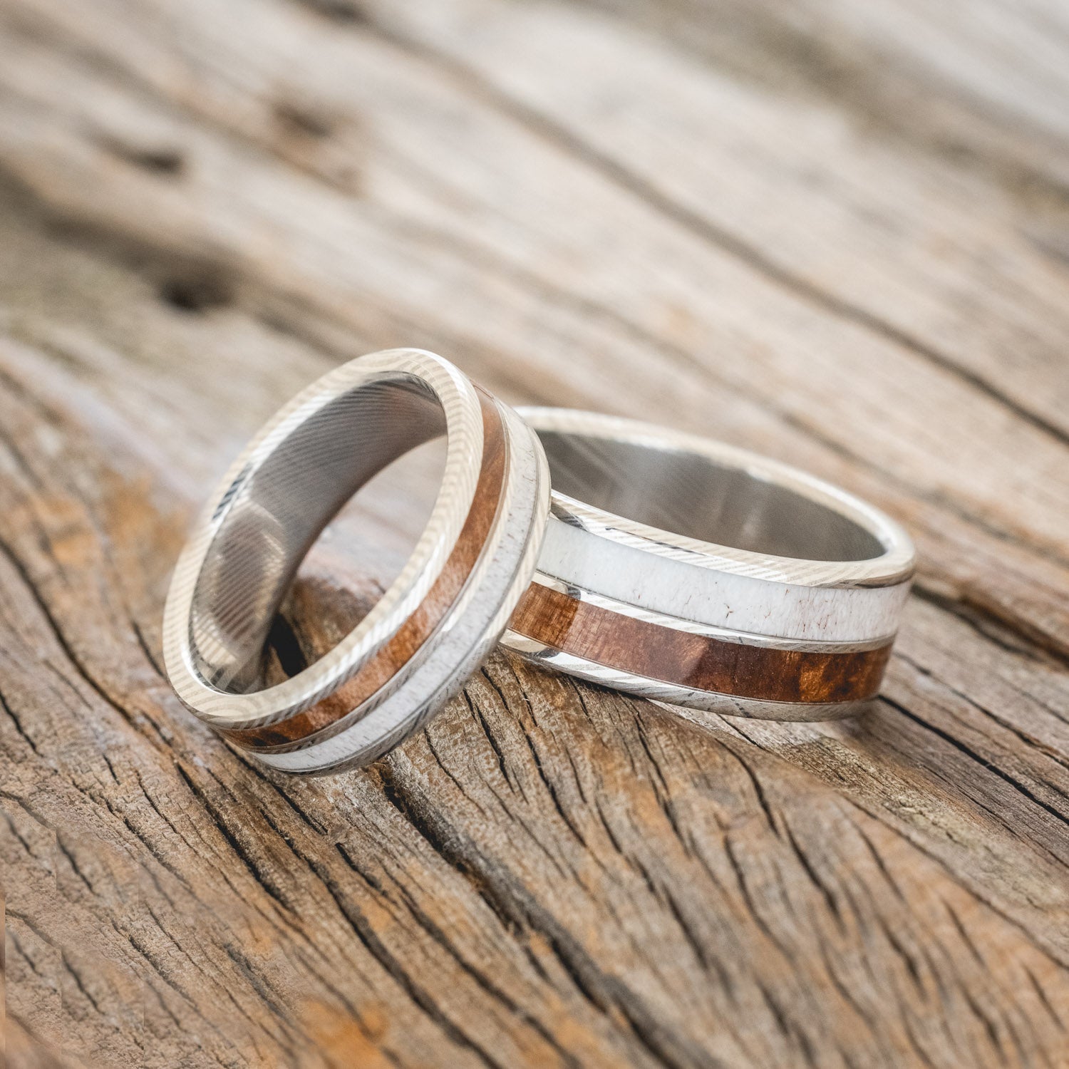 "DYAD" - MATCHING SET OF ANTLER & REDWOOD WEDDING BANDS-8