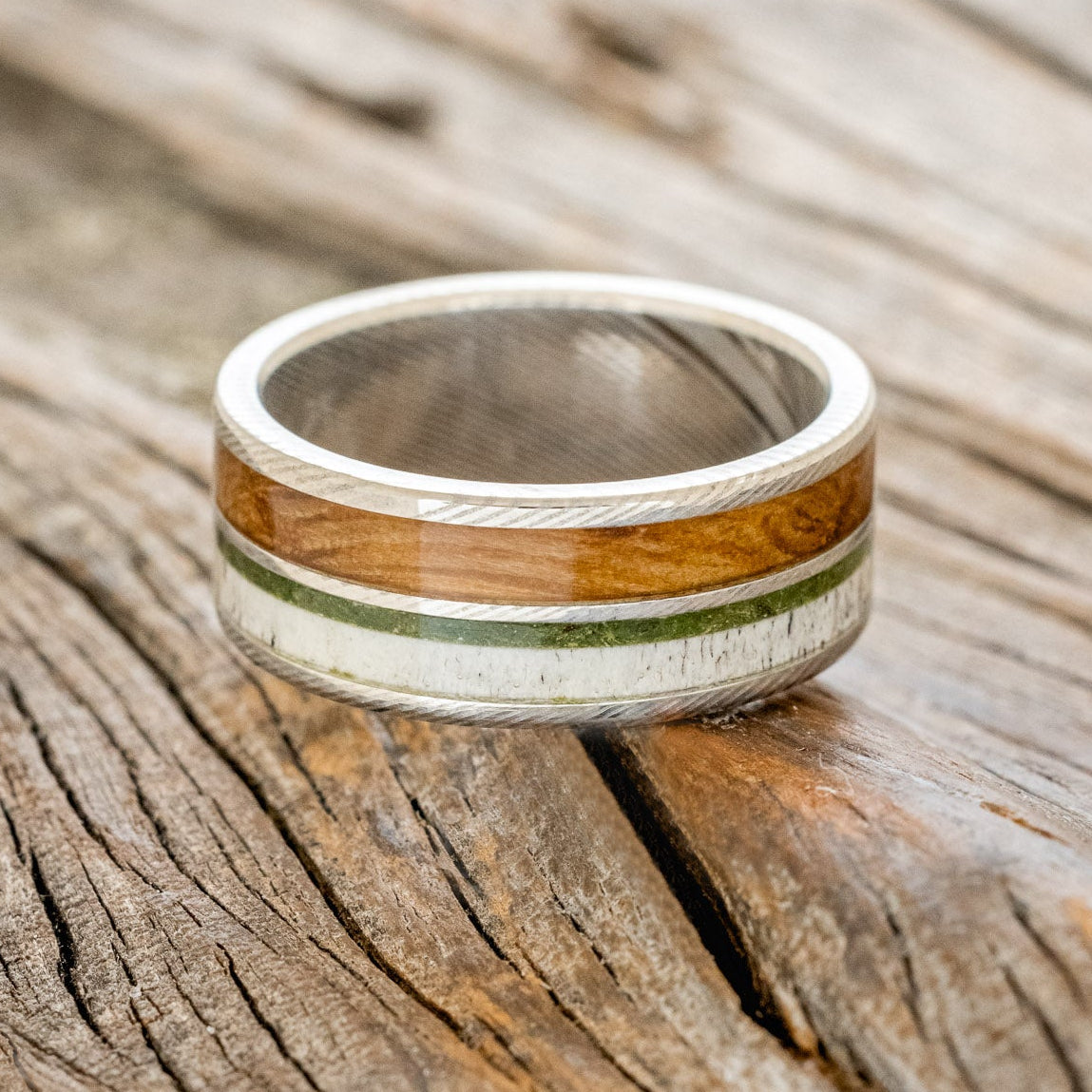 "DYAD" - MOSS, ANTLER & WHISKEY BARREL OAK WEDDING BAND-12